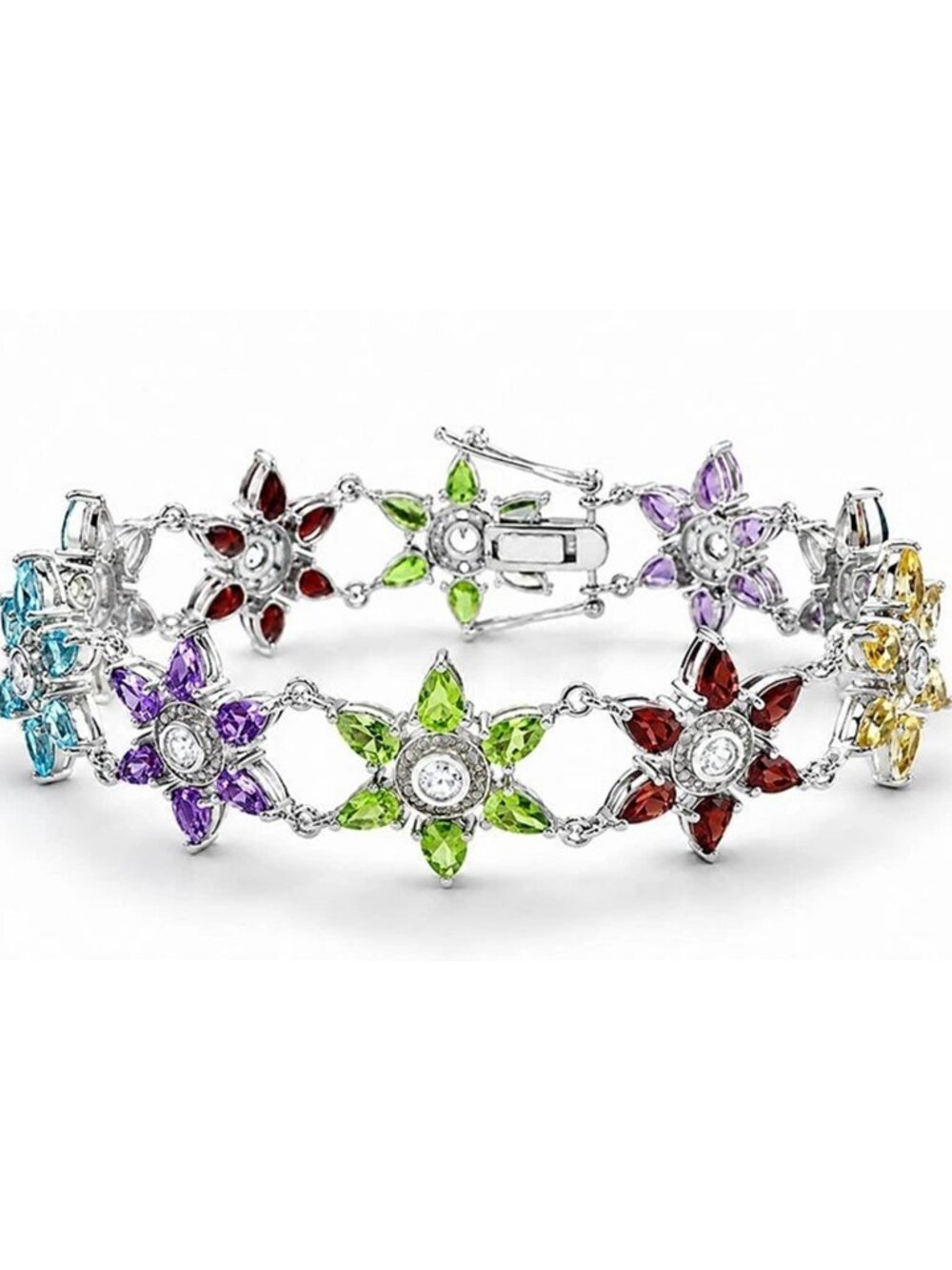 Genuine Garnet, Peridot, Yellow Topaz, Aqua & W/Sapphires Bracelet .925 Silver